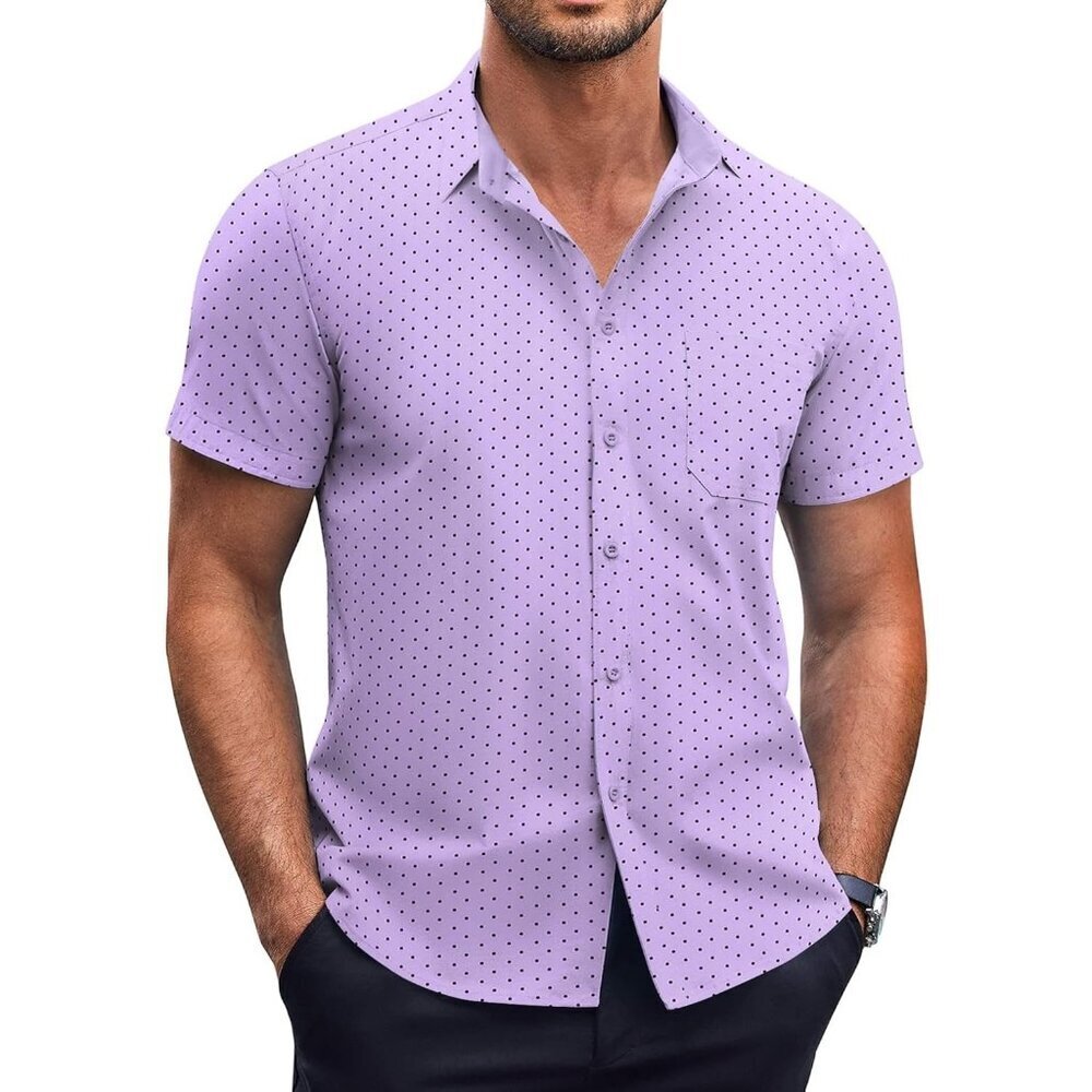 Purple Men Short Sleeve Button Down Wrinkle Free Polka Dot Print Shirt